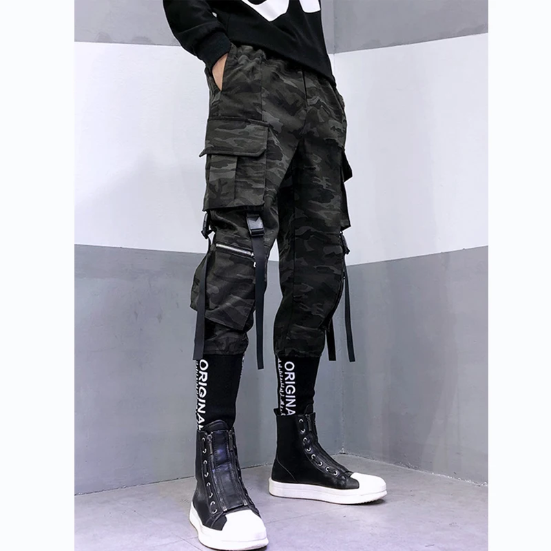 

ARENS Camouflage Tactical Functional Cargo Pants Joggers Men Ribbons Multi-pocket Trousers Hip Hop Streetwear Harem Pant Black