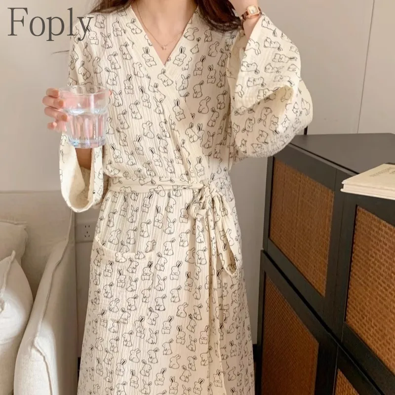 

Women's 2025 Cartoon Sweet Robes Cute Little Rabbit Nightgowns Japanese Kimono Long Bathrobe Pajamas Spring Autumn Long-sleeved