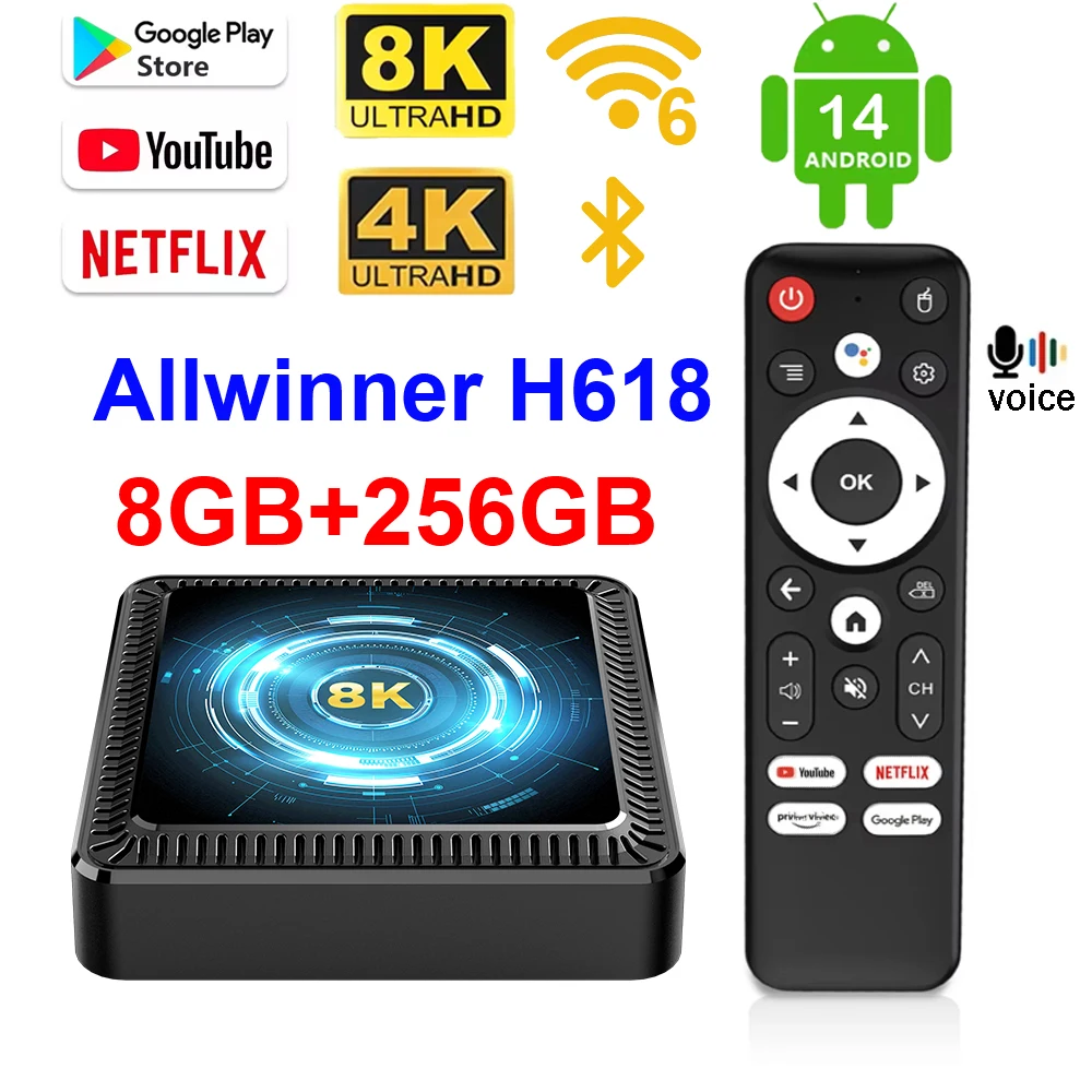 

Smart TV Box Android14 Q19 Allwinner H618 Dual Wifi6 Quad Core Support 4K 8K Video Google Voice Assistant 8GB+256GB Media Player
