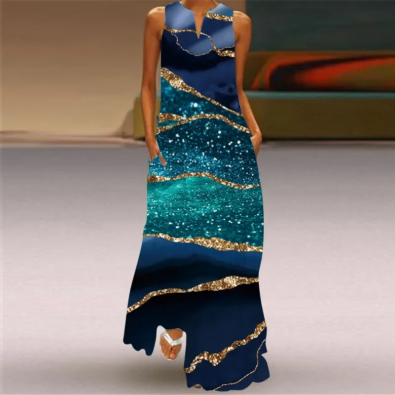 Summer Fashion Sexy Color Gradient Print Hollow Out V-neck Sleeveless Long Dress Loose Casual Party Evening Long Dress Women