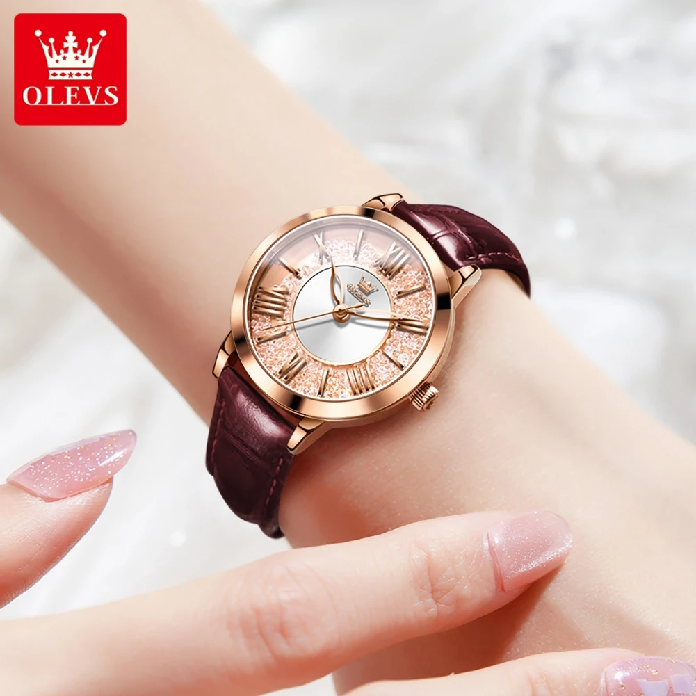 Original OLEVS New Quartz Watch Women Top Brand Leather Watchband Elegant Fashion Quicksand Female Watch Girls Dress Wristwatch