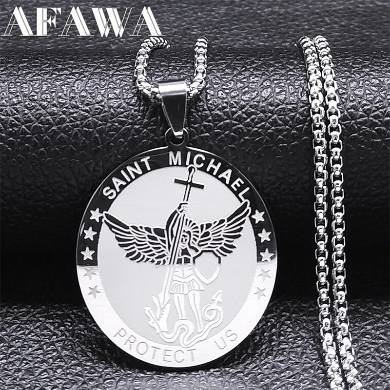 Archangel Saint Michael Medal Necklace for Women Men Stainless Steel Chain Protection Gift Jewelry Amulet colar masculino N2350