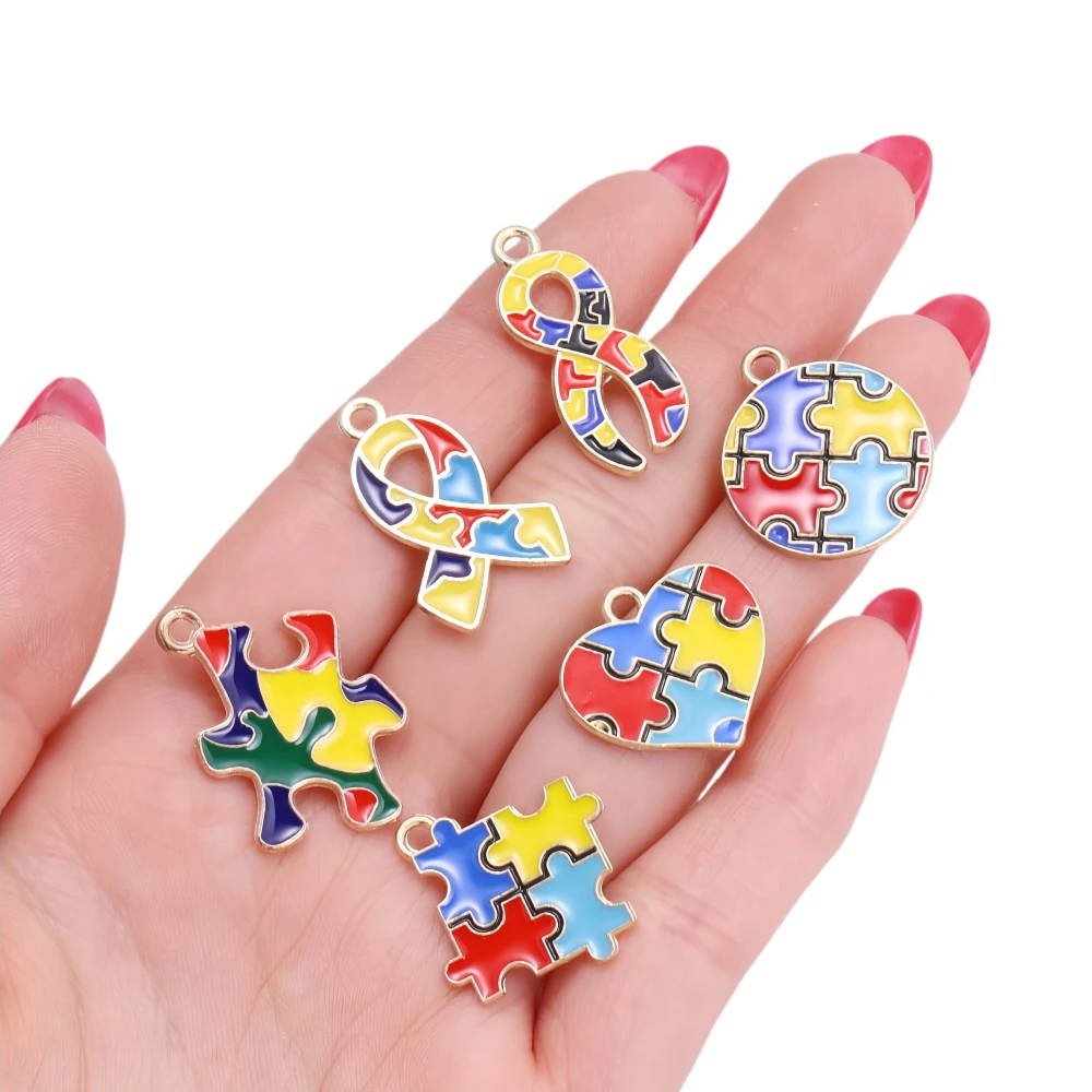 10Pcs Creativity Colorful Jigsaw Enamel Charms Round Heart Pendant For DIY Jewelry Making Earrings Necklace Keychain Supplies