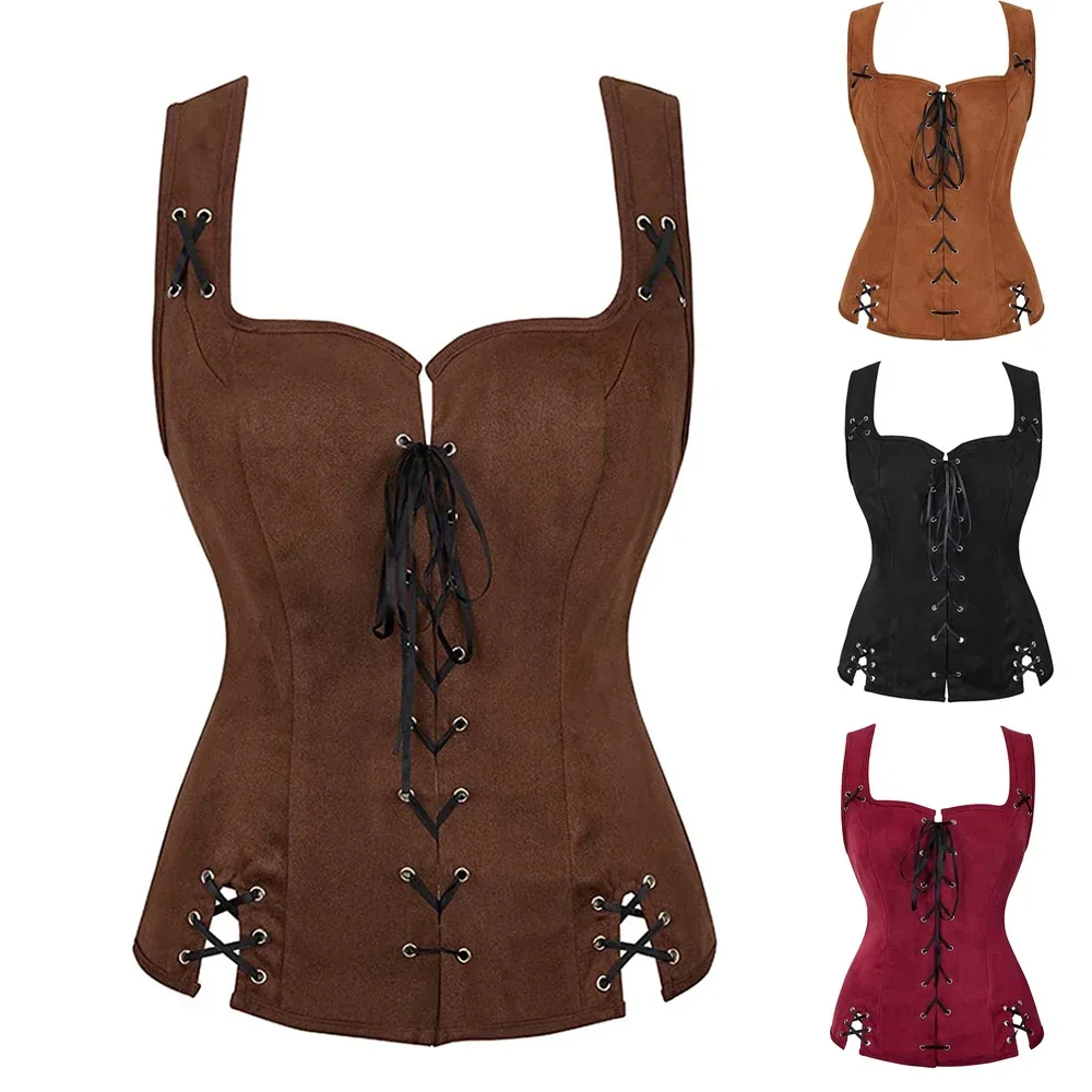 

Medieval Suede Lace Up Vests Women Vintage Versatile Renaissance Pirate Vest Female Steampunk Cosplay Costume Halloween Party