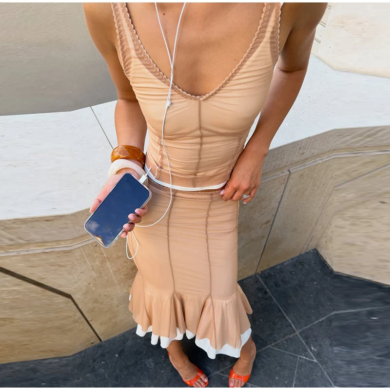 Mesh Overlay Lace Hem Slip Midi Dress Slim Spaghetti Strap Sheer 2026 Summer Elegant Women Bodycon Dress Retro Date Lady Gown