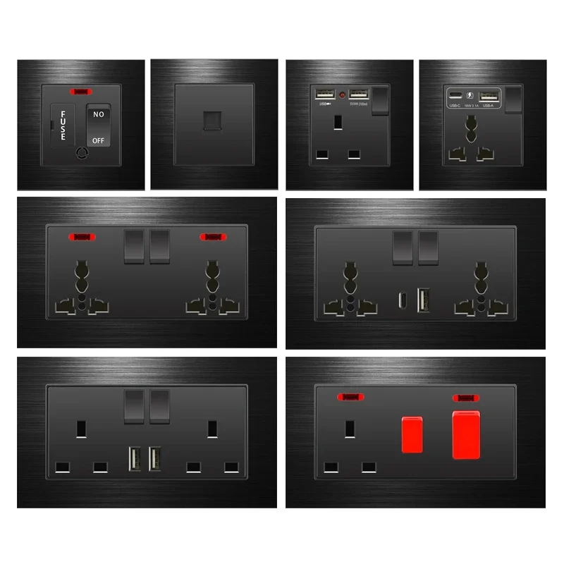 Brushed aluminum Universal 3pin Dual USB Socket,UK 13A Type-C 18W Quick charging outlet,220V Electrical Wall Light Switch Panel