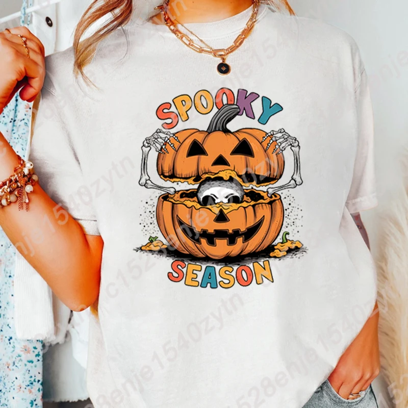 Halloween Pumpkin Skeleton Spooky Season Print Tees Autumn & Spring Short Sleeve Round Neck Casual T-Shirt Women Oversized Tops