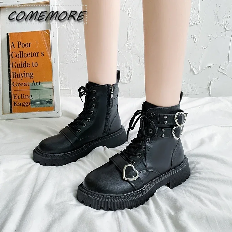 Heart Buckle Chunky Platform Ankle Boots Women 2025 New Autumn PU Leather Thick Bottom Short Boots Woman Black Motorcycle Shoes