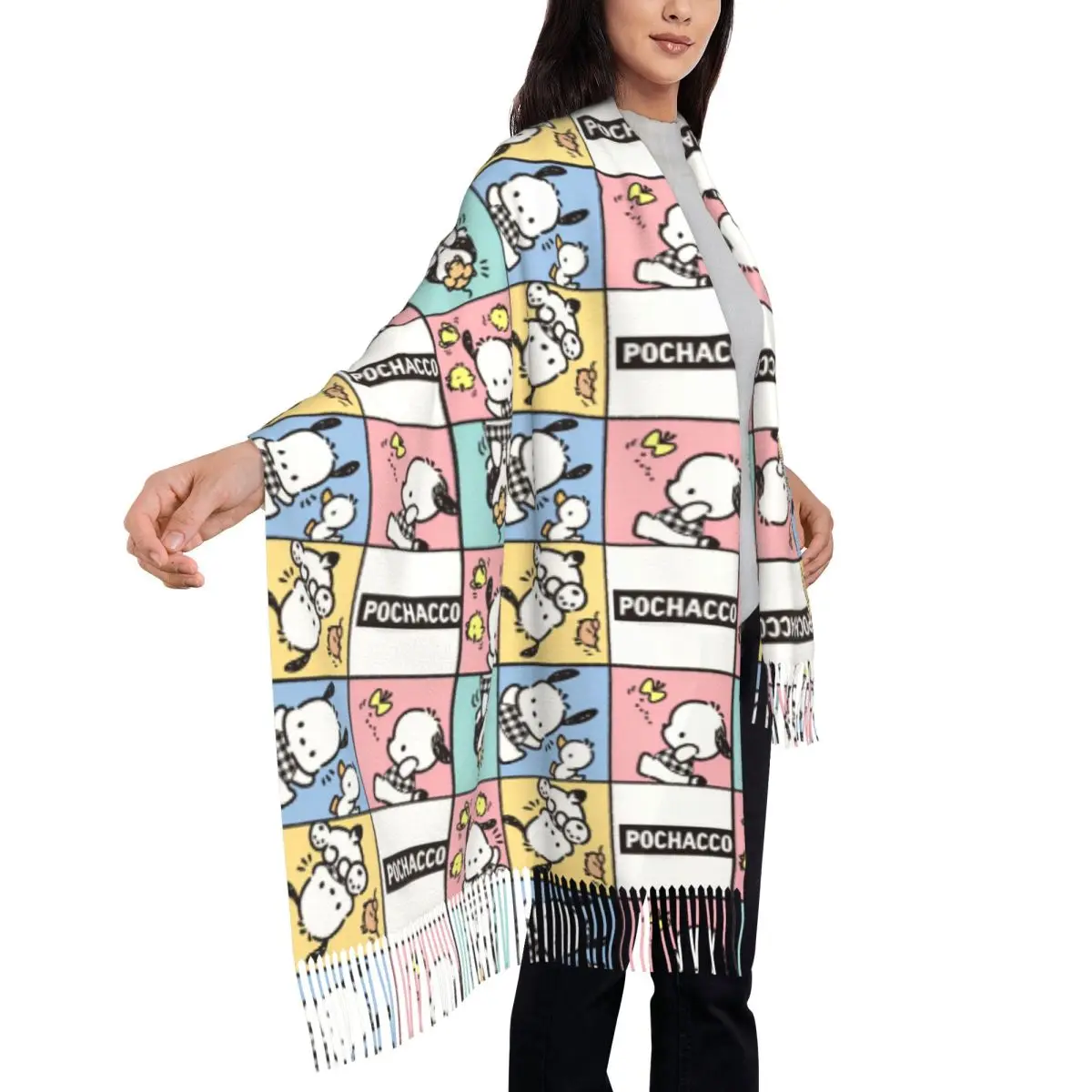 Pochacco Paterrn Cartoon Dog Cute Scarf Keep Warm Shawls and Wrap with Tassel Women Retro Head Scarves Winter Designer Bandana image 4