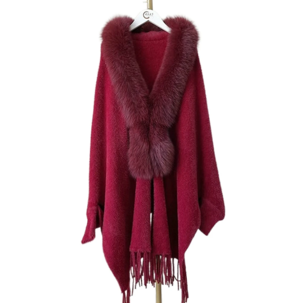 ZDFURS* 2022 New Women's Mink wool Knitted Cardigan Fur Shawl Fox Fur Collar Mid-Length Tassel Winter Thick