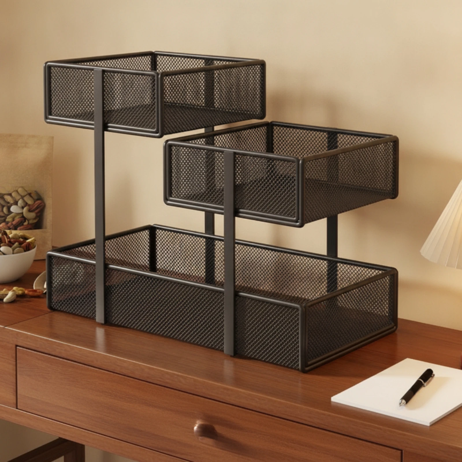 3 Tier Countertop Shelf Multi-Purpose Three-Tier Countertop Storage Rack Steel Frame Mesh Basket Rack Compact Sturdy