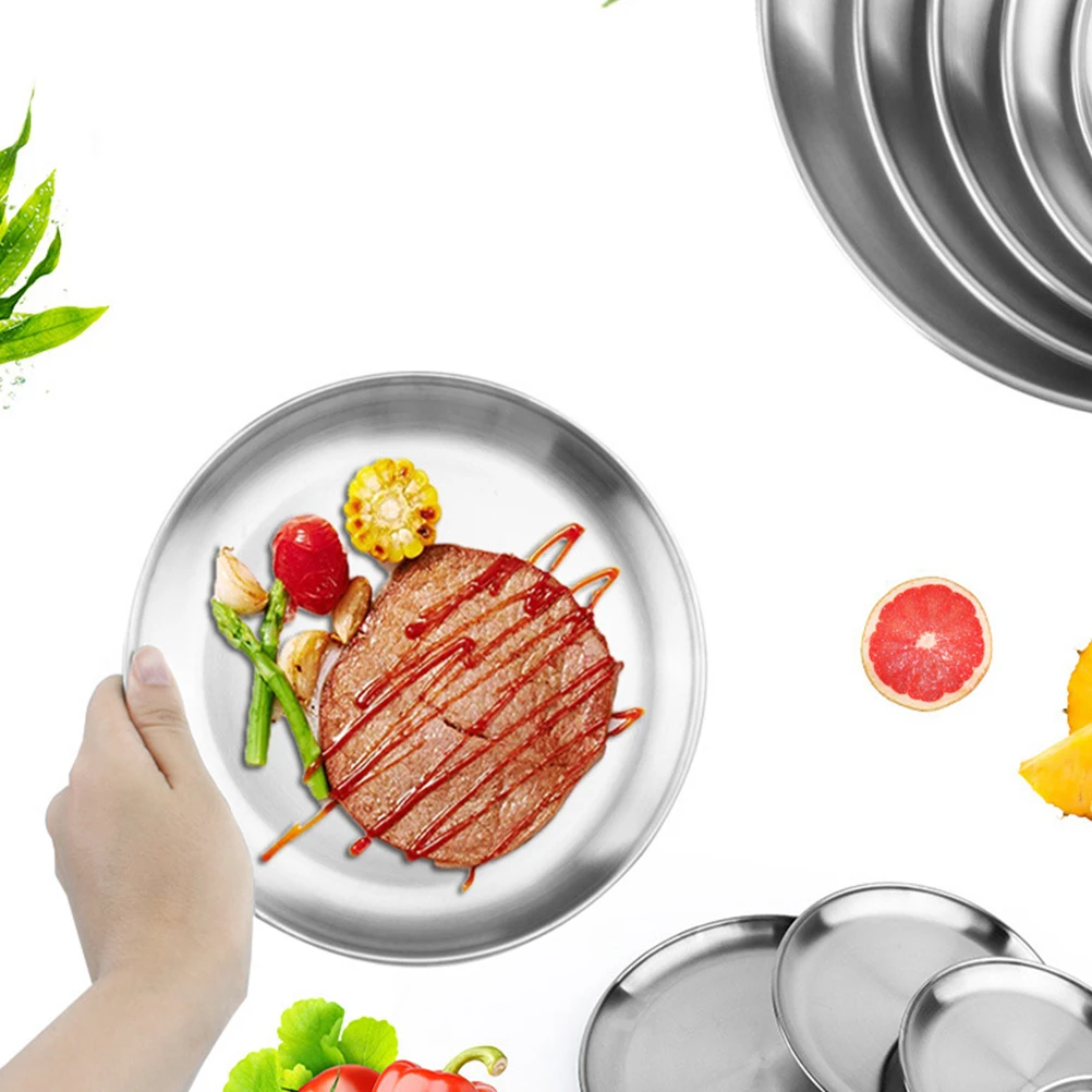 

1pc Stainless Steel Dinner Plate Round Multi-Purpose Food Serving Tray For Dessert Fruit Snacks Storage Bbq Tableware Heat