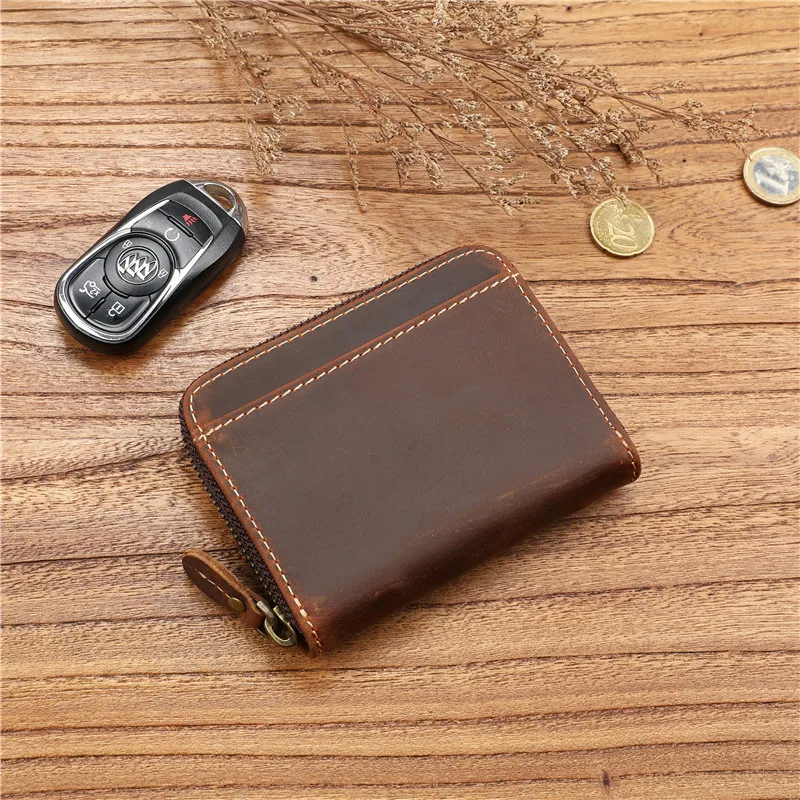 

100% Genuine Leather Man Short Wallet Retro Zip Purses Male Money Pocket Purses