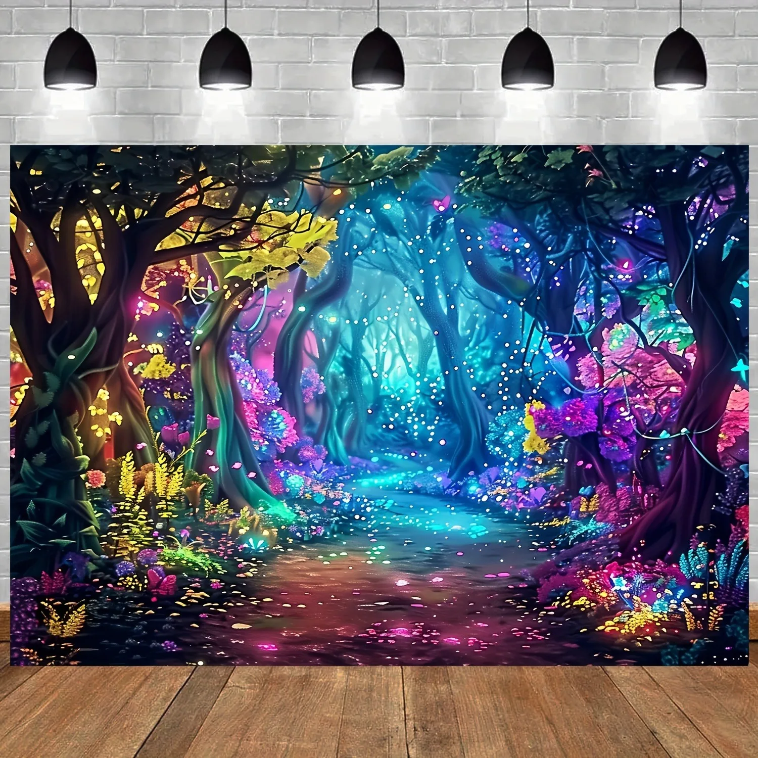 2D Flat, 1pc Magic Forest Neon Effect Tapestry - Glow-in-the-Dark Wall Decor with Vibrant Neon Colors, Polyester Fabric, No Elec