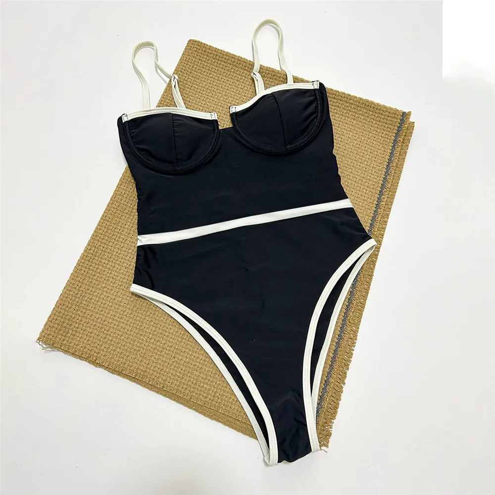 

Black Push Up Sexy Swimsuit Women One Piece Swimwear 2025 High Leg Cut Bathing Suit White Edge Bodysuit Underwired Beach Wear