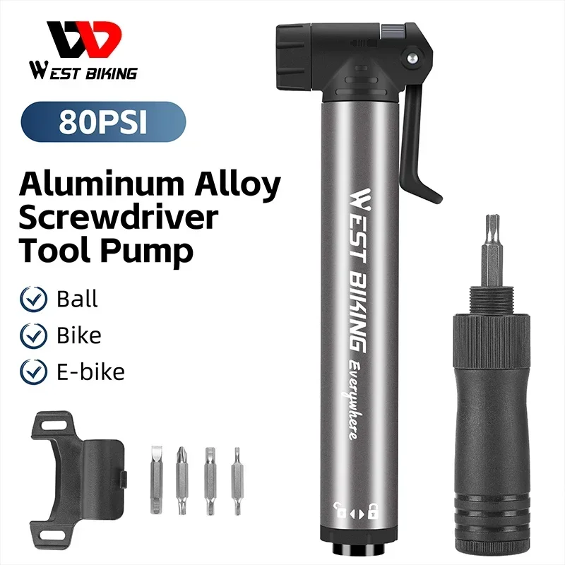 WEST BIKING 2 In 1 Bicycle Mini Pump With Screwdrivers Set Portable Bike Tools Built In Presta and Schrader Nozzle Tire Inflator