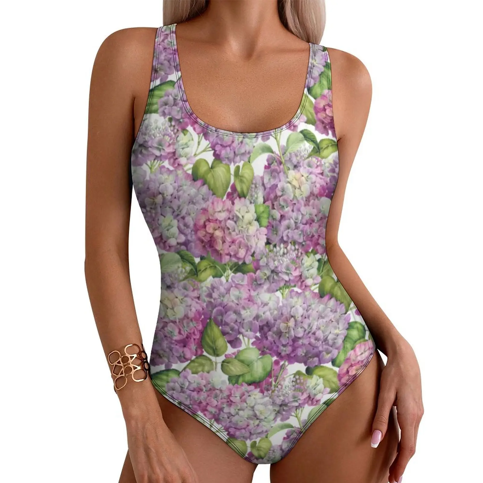 Hydrangea Floral Swimsuit Sexy Pink Lavender Print One Piece Swimwear Push Up Bodysuit Korean Fashion Beach Bathing Suit