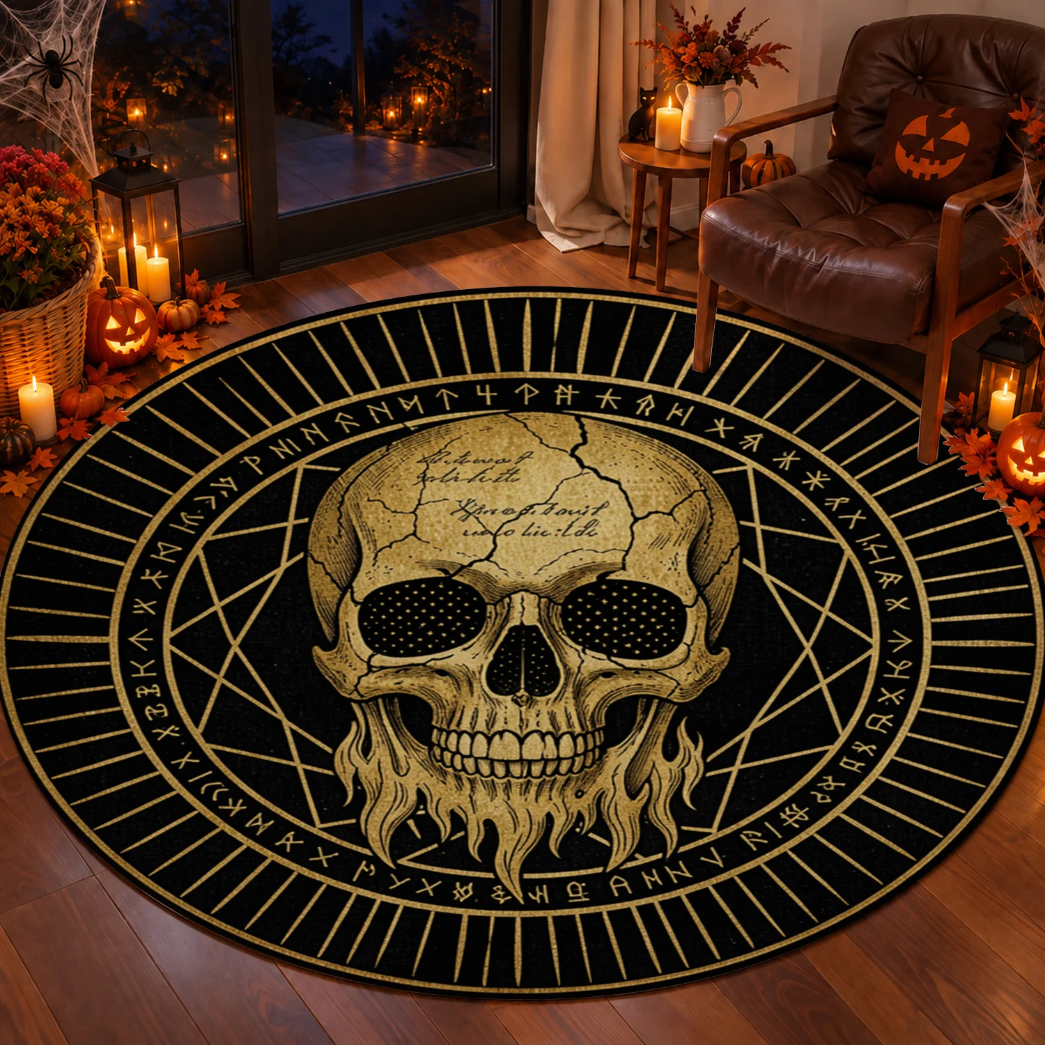 Golden Skull Rune Occult Pattern Round Velvet Area Rug, Machine Washable, Suitable for Living Room, Bedroom, Entryway, Perfect for Halloween, Thanksgiving, Black Friday, Christmas, New Year Home Decor