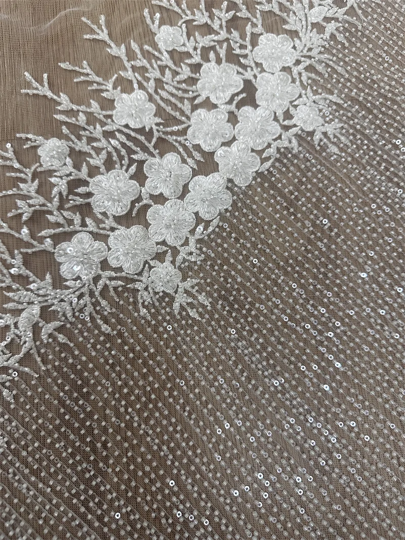 Latest Floral Strip Unique Rich Beaded Embroidery Wedding Dress Lace Fabric DIY Bridal Wear Tulle Mesh Fabric  Cloth Material