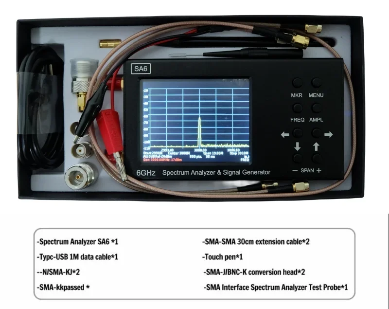 Nieuwe 6GHz SA6 Spectrum Analyzer Spectrum Explorer Signaalgenerator Met Tracking Generator 3.2 inch Touchscreen 35MHz ~ 6.2GHz