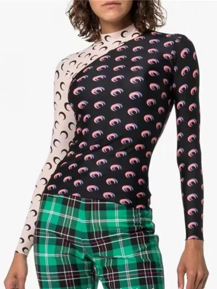 T-shirt da donna con stampa luna a maniche lunghe con giunture a strati Protezione UV Top casual slim fit per il pendolarismo quotidiano Streetwear