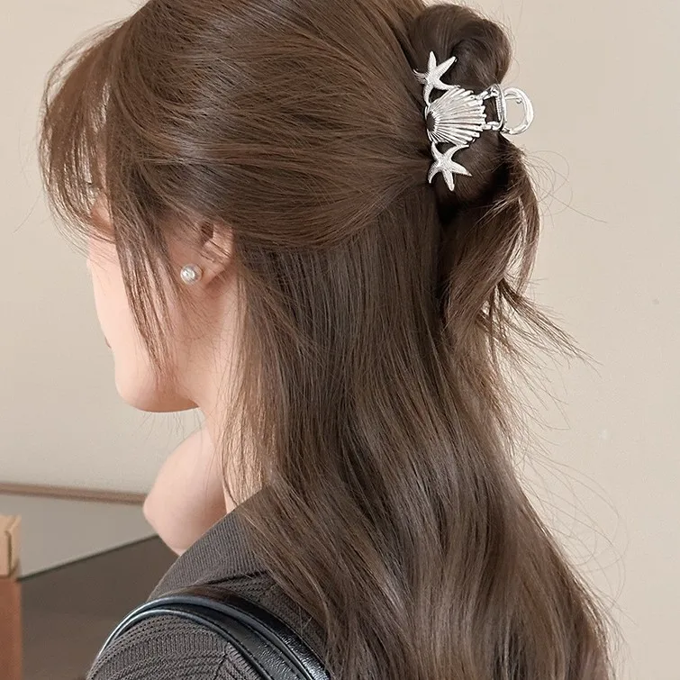 Beach Vacation Starfish Shell Hair Claw Large Metal Shark Clip for Back Head Bun Updo Home Party Elegant