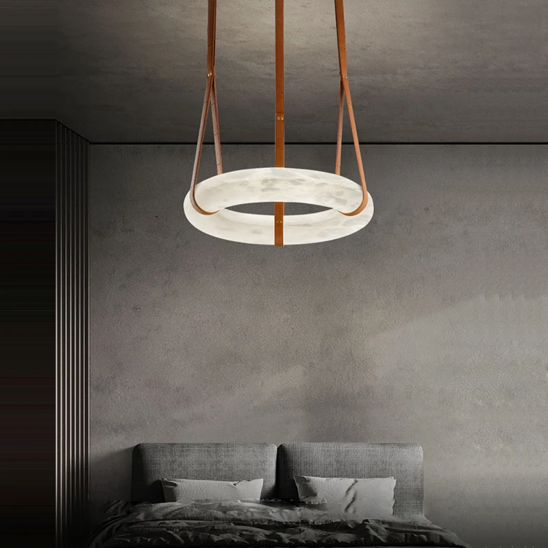 Noble Marble Ring Brown Dark Leather Belt LED Hanging Lamps Lustre Pendant Light Suspension Luminaire Lampen For Living Room