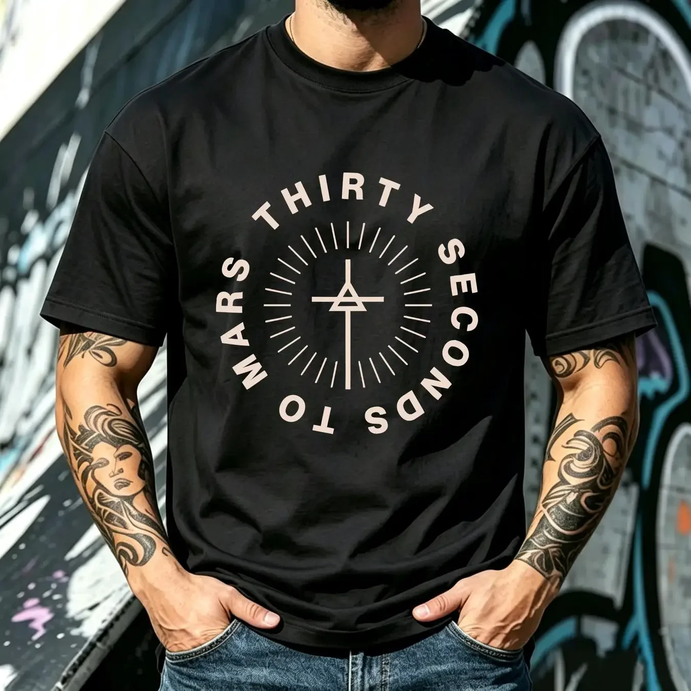 washed T Shirt Thirty Second To Mars Mens Medium M  Crew Neck Black long sleeves vintage Washed Unisex Soft Stretched