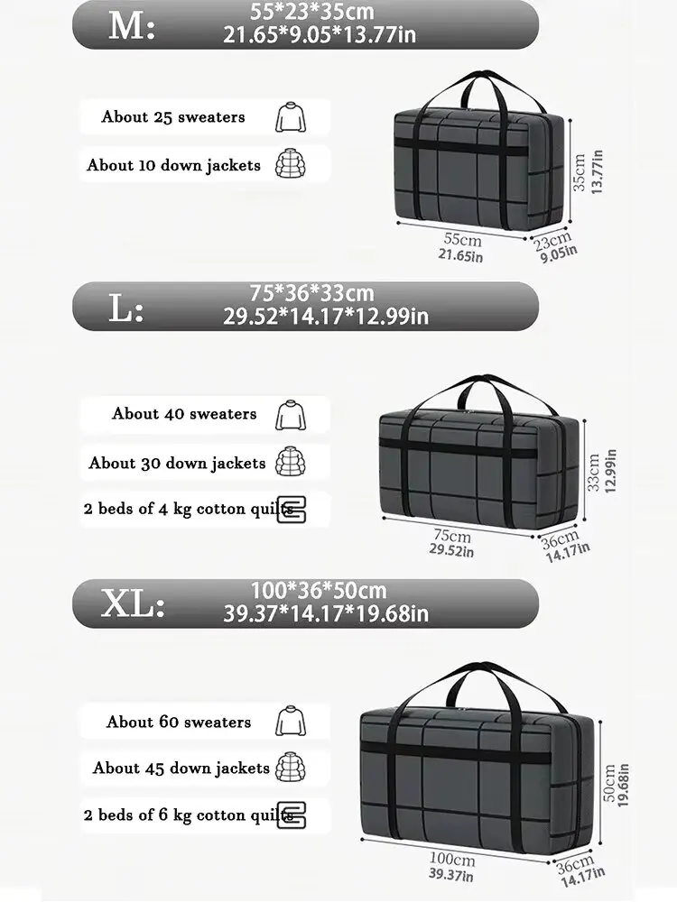 3PC Large Capacity Black Composite Material Storage Bag Super Load-Bearing Dustproof Moisture-Proof Zippered Bag
