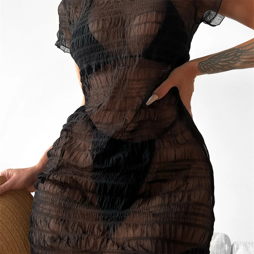 Robe de Bikini en maille noire, Triangle, String extrême, maillot de bain de vacances, Cover-Up pour femmes, Micro String, tenue de plage