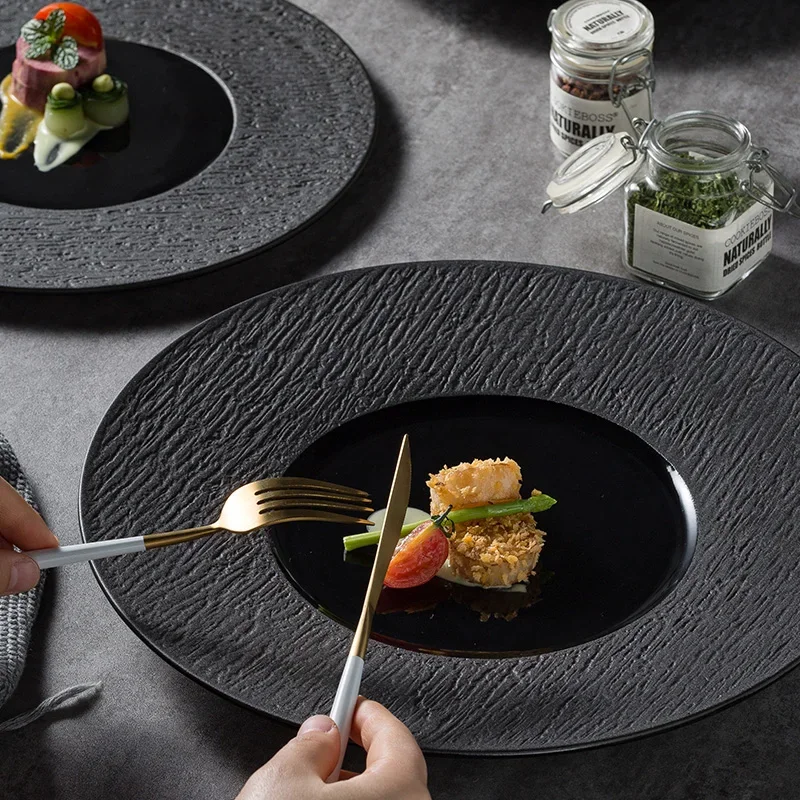 Round Black Ceramic Dinner Plate Soup Bowl Western Dessert Pasta Plate Kitchen Tableware Porcelain Hotel Restaurant Utensils Set