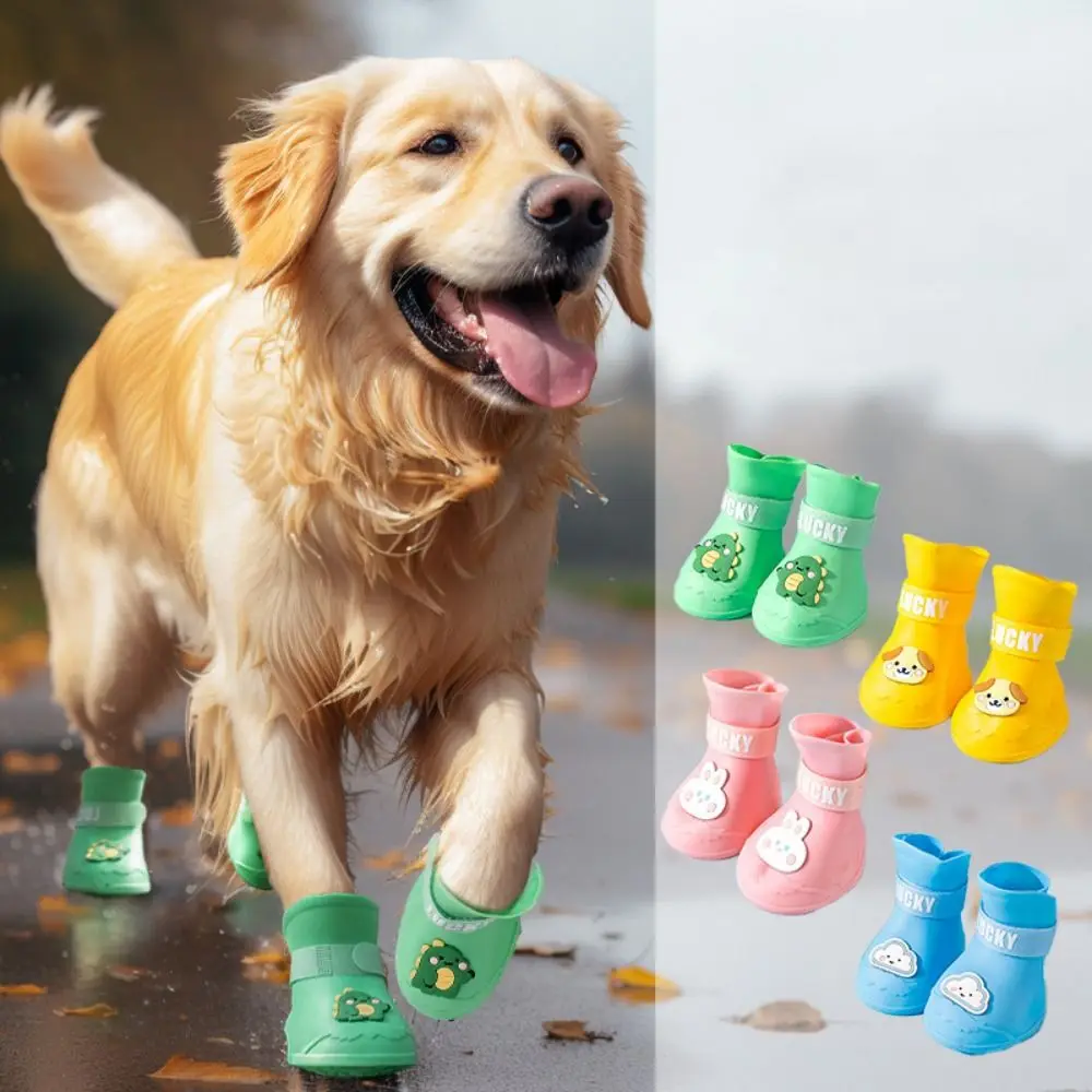 4pcs/set Cartoon Anti-slip Pet Rainshoe Waterproof Silicone Dog Ankle Boots Wear Resistant Pet Foot Cover Outdoor