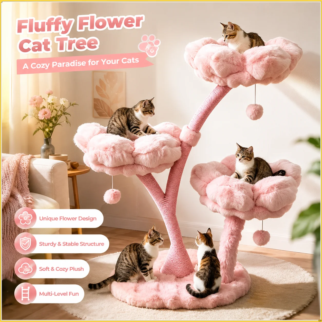 105cm Tall Pink Flower Cat Tree Tower with Scratching Post Wood Branch Cat Cushioned Bed Hanging Ball Toy Cat Scratching Post