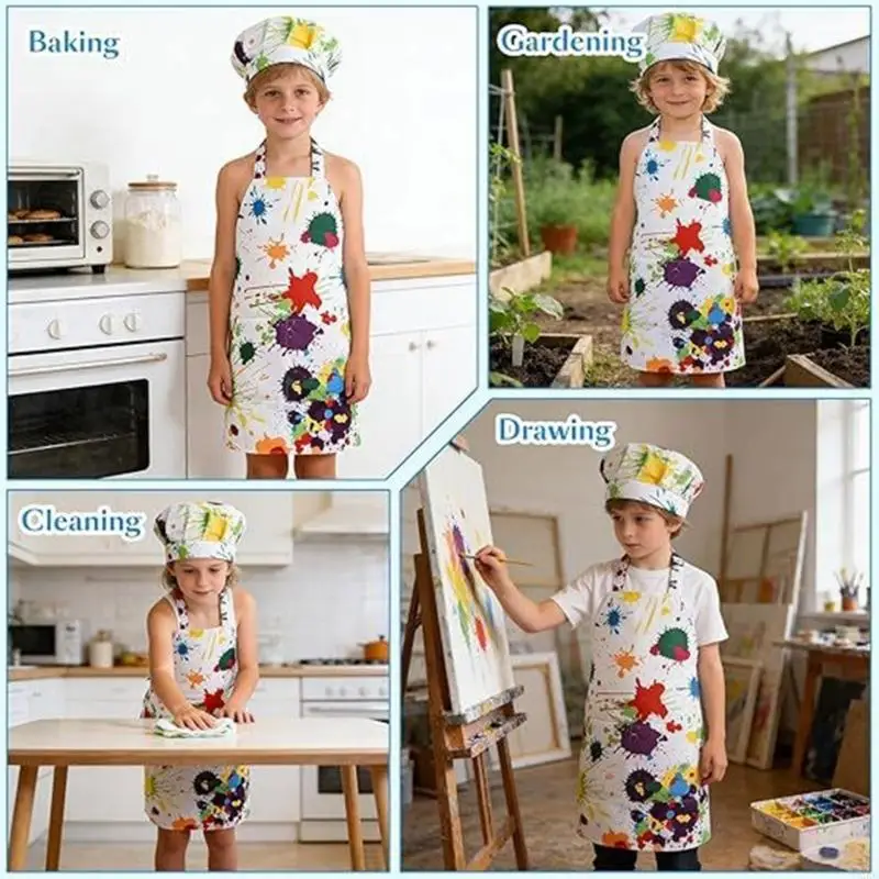 62KD Stain Resistant Kids Apron Cook Hat Set with Waterproof Polyester Apron For Toddler Comfortable Drawing Cooking Wear