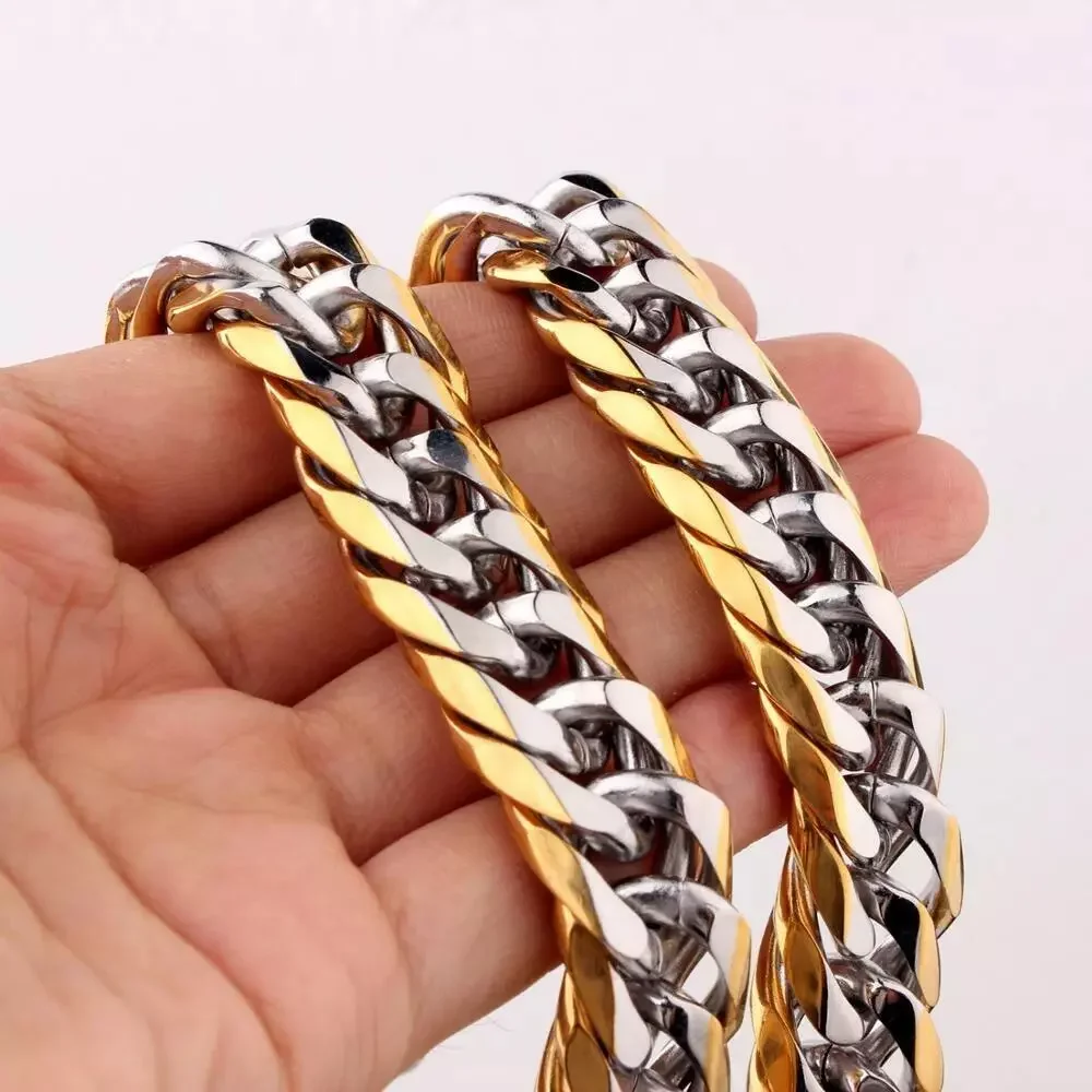 Men's Silver Gold Tone Stainless Steel Double Cuban Link Chain Necklace 16