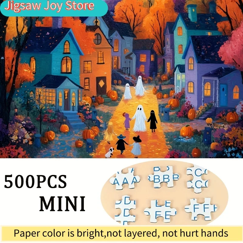 Quebra-Cabeça de 500 Peças Projetado para Adultos com um Passeio Fantasmagórico por uma Cidade Colorida na Floresta, Perfeito para Jogos de Festa e Atividades