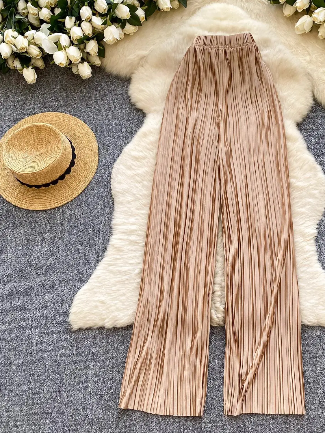 New 2025 Women's Ice Silk Narrow Wide Leg Pants Summer High Waist Drape Loose Straight Casual Floor Length Skirts