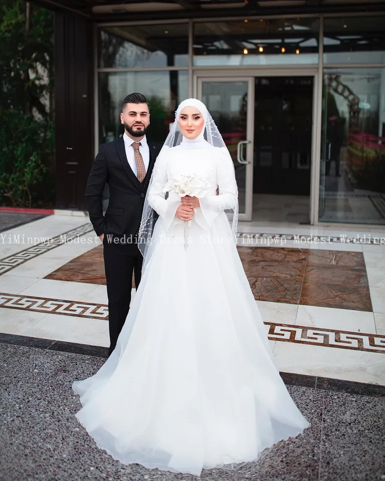 Simple Dress Veil Turkish Wedding Attire Beige Turkish Hijab Wedding Gown  373BEJ