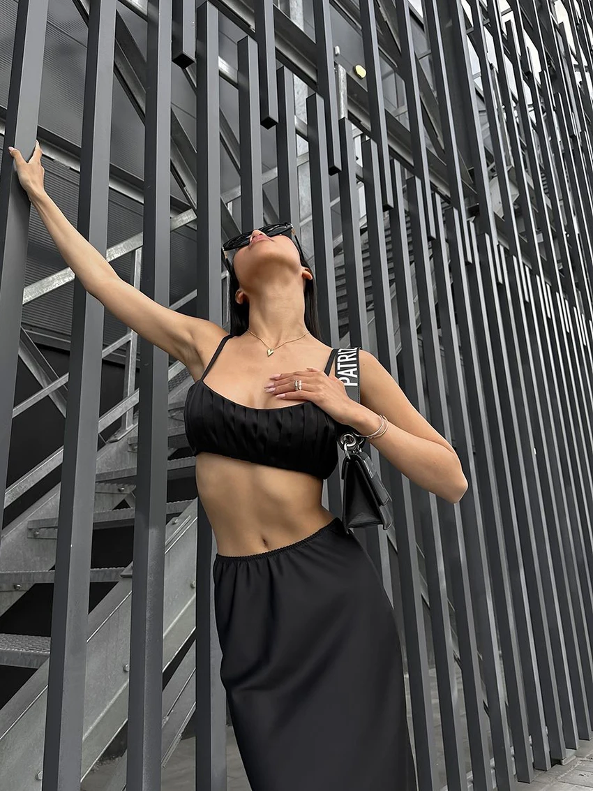 Marthaqiqi Summer Ladies Nightgowns Suit Tank Tops Pajamas Crop Top Sleepwear Backless Nightwear Long Skirts Casual Nightie Set