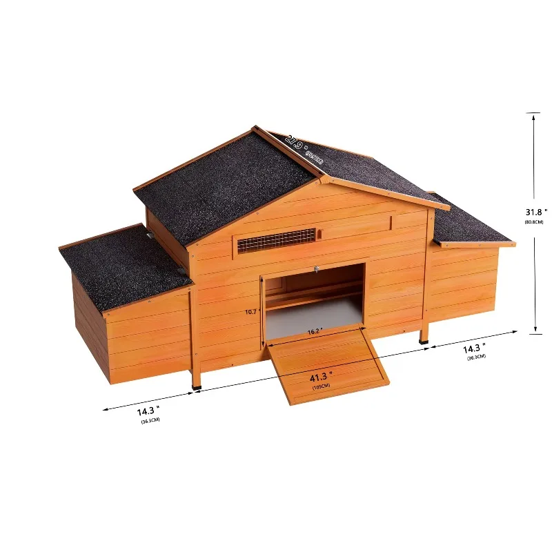 Large Wooden Chicken Coop with Nesting Box, Waterproof Roof Ventilated Hen House with Perch & Pull-Out Tray for Easy Cleaning