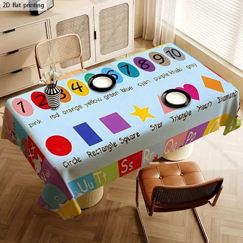 Vibrant Alphabet and Number Print Tablecloth Waterproof Spillproof Dining Table Cover for Home Party Decor