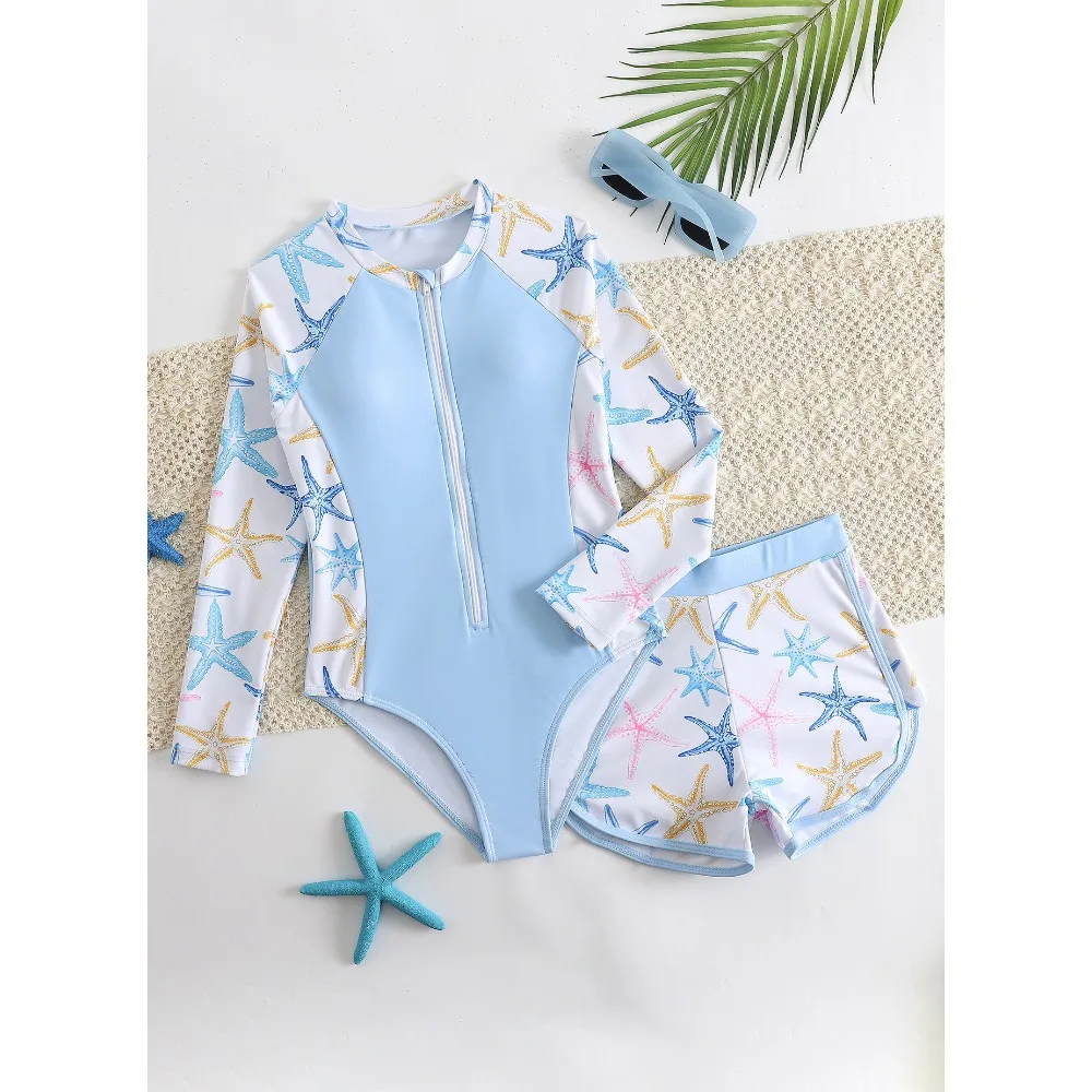 

Blue Girls One Piece Swimsuit 7-12 Years Kids Swim Suit Teenagers Children's Swimwear 2026 Sunscreen Beach Bathing Suits Shorts