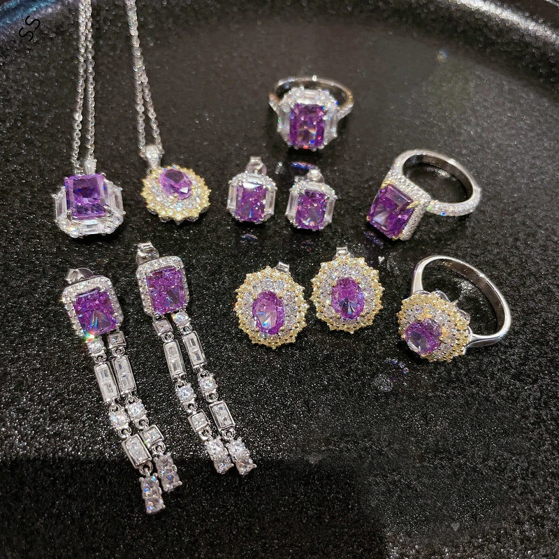 Fashion Jewelry Suit Purple Gemstone Necklace Earring Ring Sets Accessory for Female Dresses Decoration S925 Silver Light Luxury