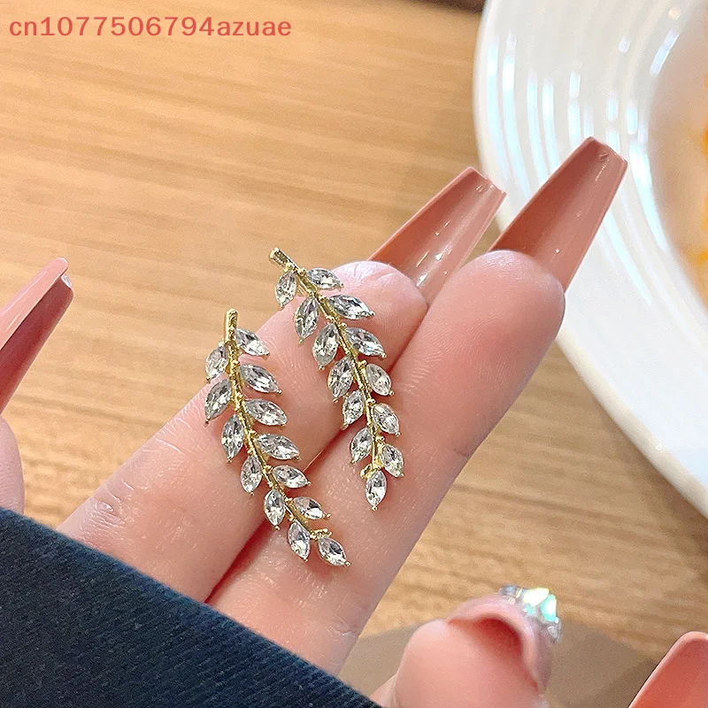 1Pair For Women Trendy Vintage Crystal Ear Stud Wheat Unique Design Girl Jewelry Gifts Hollow Out Rhinestone Leaves Earrings