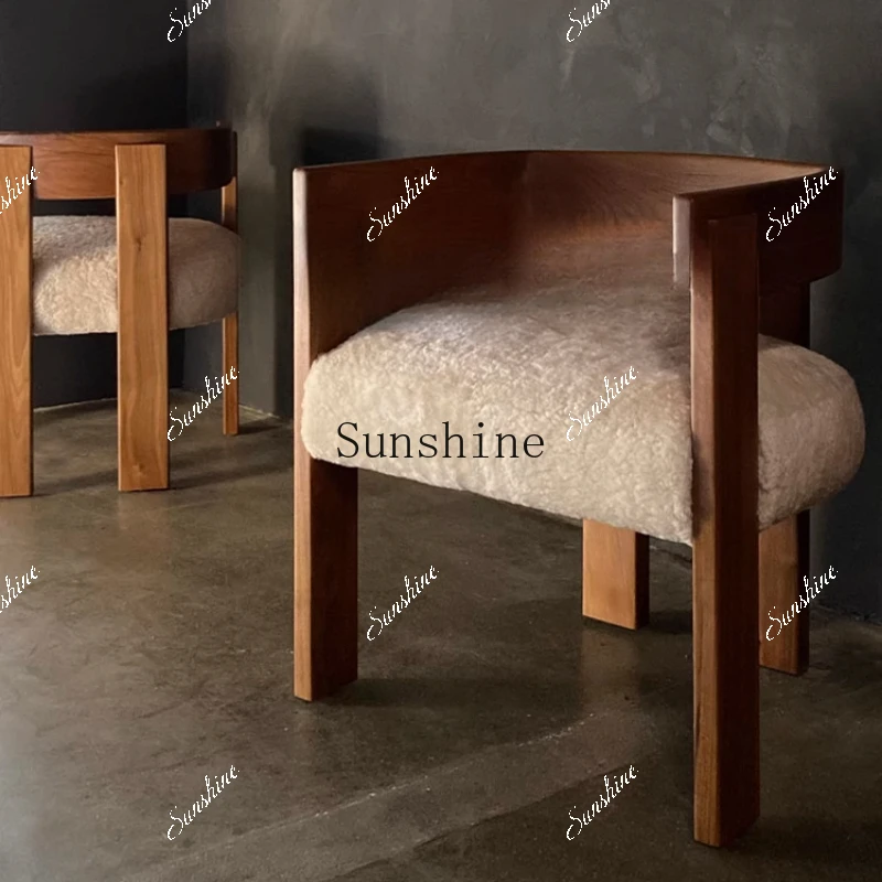 Medieval solid wood home design style lamb wool armrest living room bedroom leisure backrest chair  FT