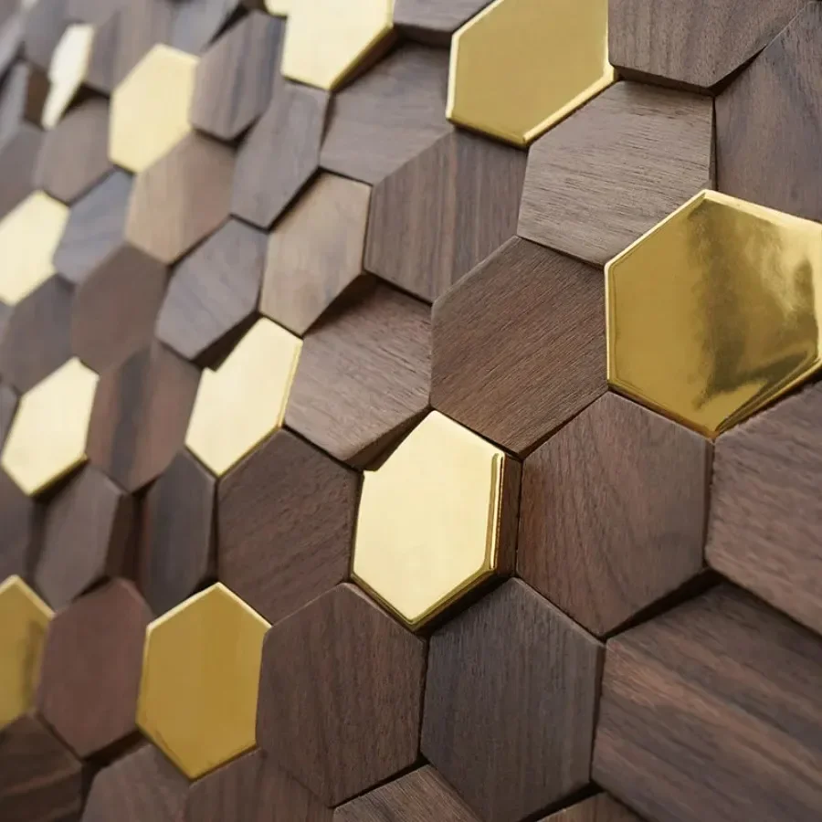 11PCS Hexagon 3D Wood Wall Art Black Walnut Metal Mosaic Tile Teahouse TV Background Interior Decor Wall Stickers view 2
