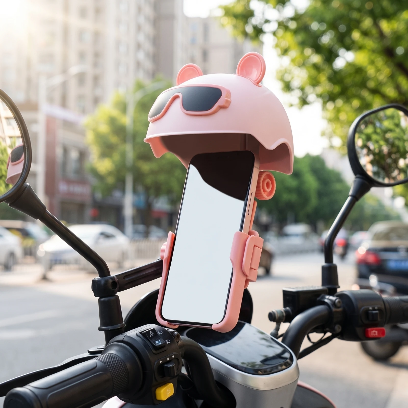 Phone Holder with Sunshade Rear-View-Mirror Mounted Motorcycle Phone Holder One-Button Clamping Open-Front for Riders