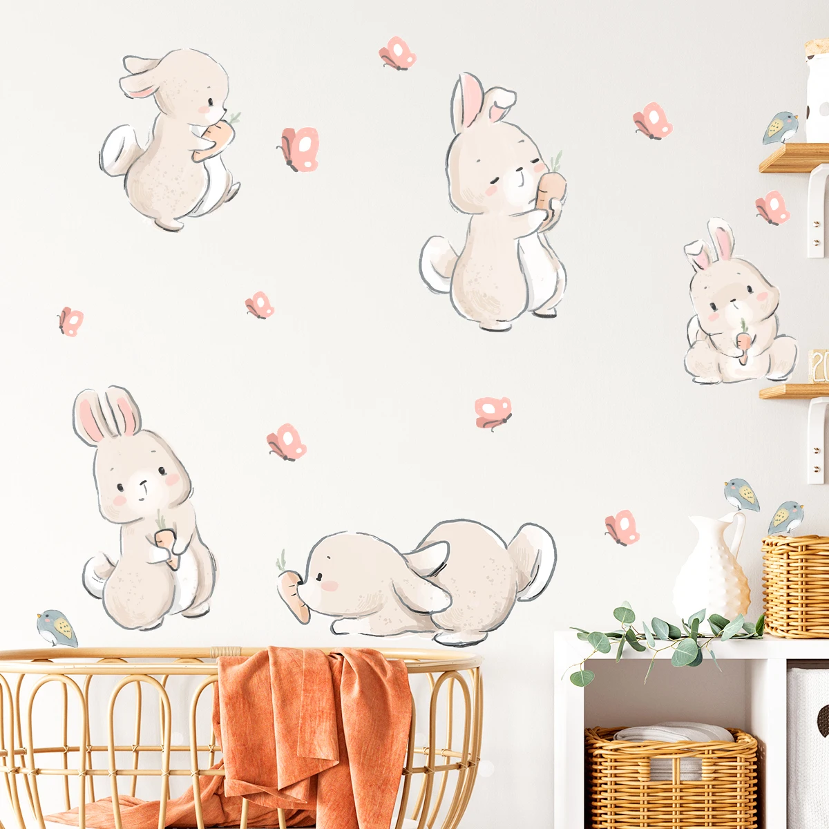 Мультяшные милые наклейки на стену с кроликом и бабочками для детской комнаты, аксессуары для домашнего декора, украшение для гостиной