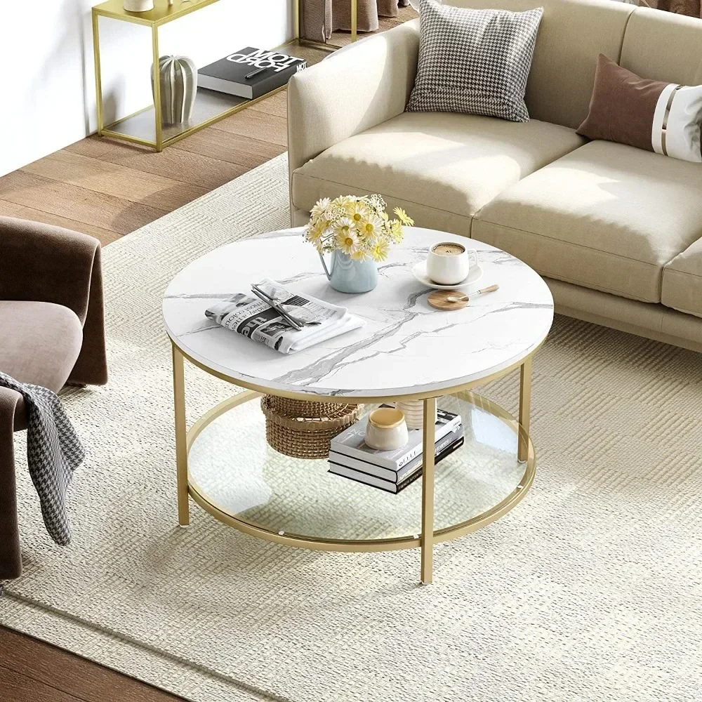 2-Tier Round Coffee Table Marble Center Cocktail Table With Glass Open Storage Shelf, White & Gold