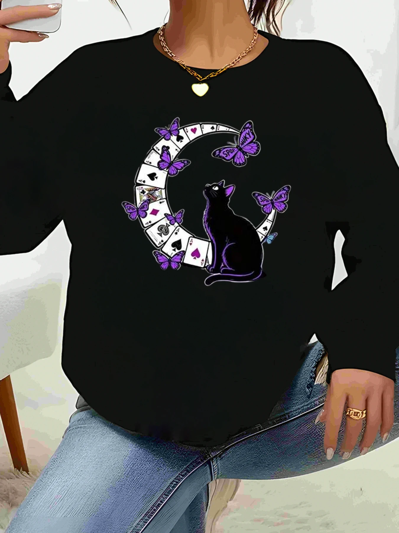 Kat en vlinders Maanprint Top met lange mouwen Halloween Casual dameskleding